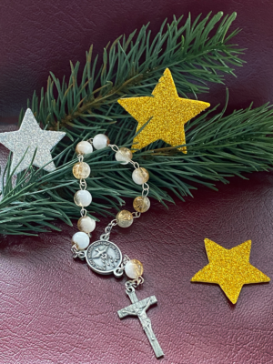 Zehner-Rosenkranz Glaskristall weiss-gold