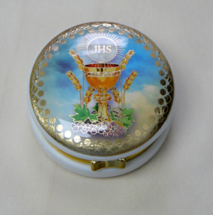 Rosenkranzdose rund Motiv „Kelch/IHS“