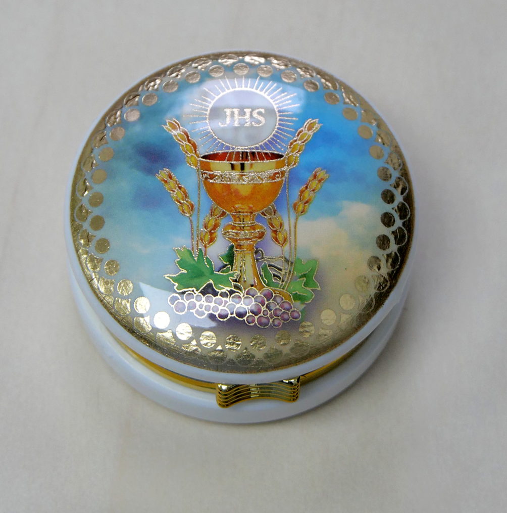 Rosenkranzdose rund Motiv "Kelch/IHS"